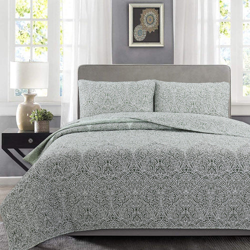 Sage and forest green ombre leaf medallion reversible quilt set
