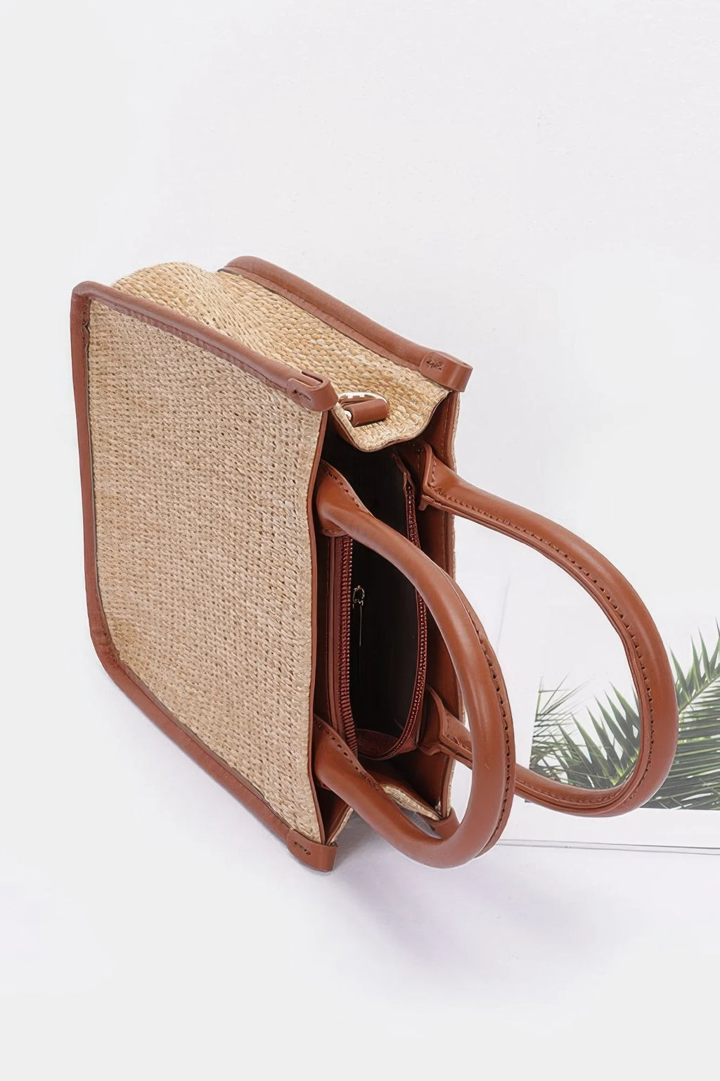Khaki Faux Straw Tote Bag