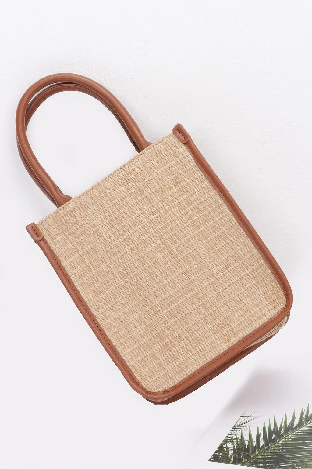 Khaki faux straw tote bag for women