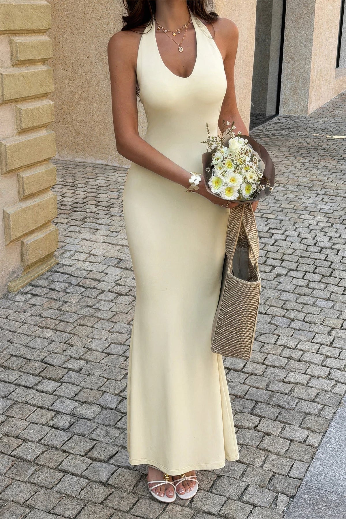 Solid V-neck halter maxi dress for women